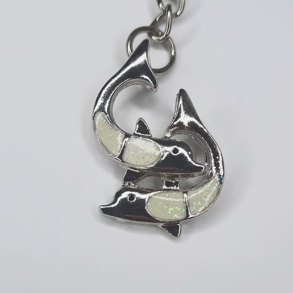 2 Swimming Dolphins Synthetic Opal Keychain - Picture 3 of 4